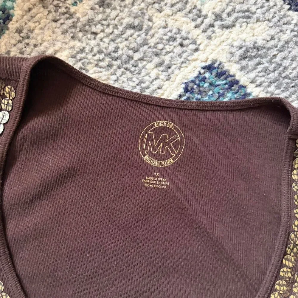 Michael Kors Brown Sequin Tank Top Sleeveless Y2K Ribbed Back Size 1X